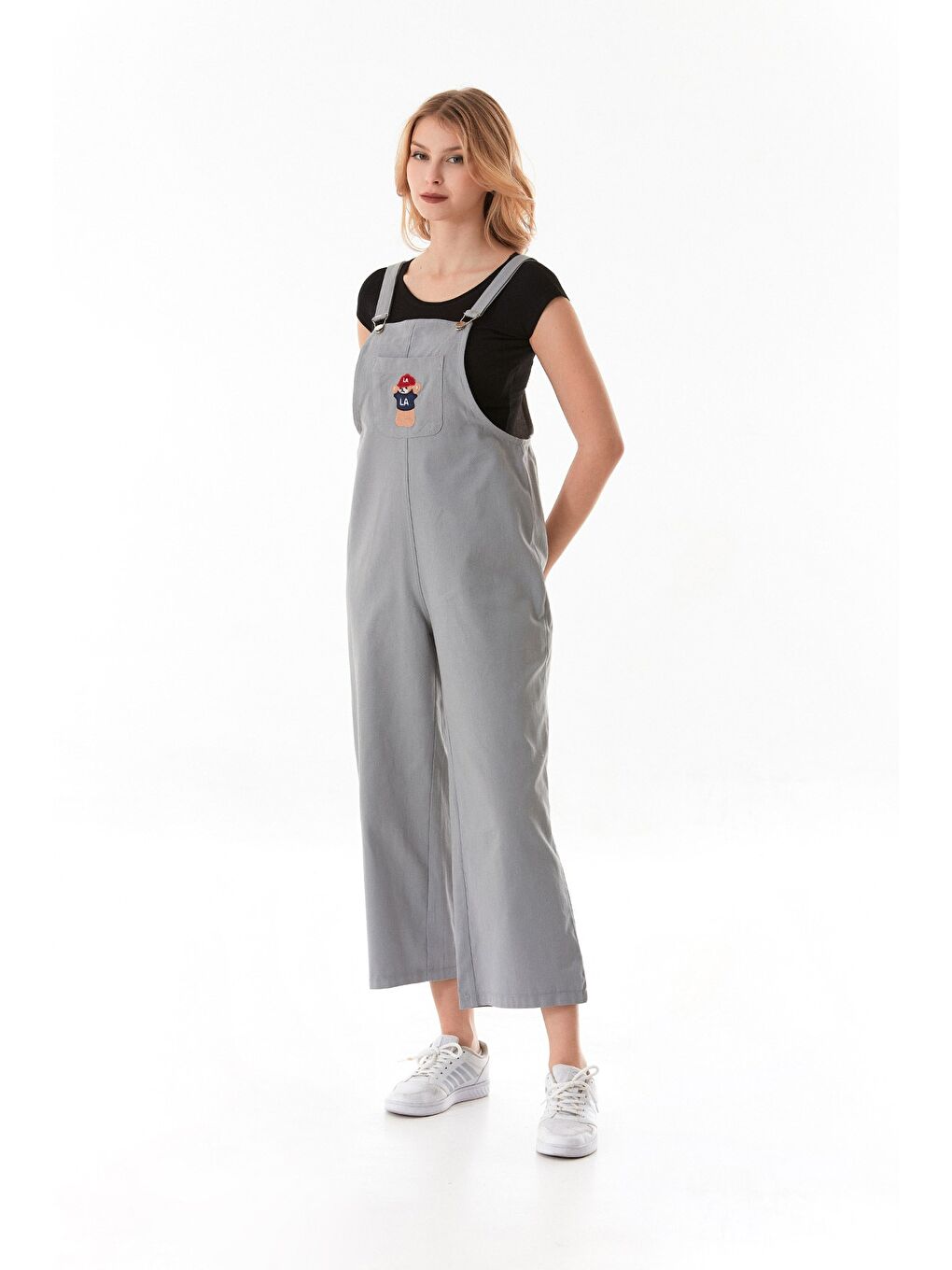 Gri Ayıcık Nakışlı Askılı Önü Cepli Tulum-2