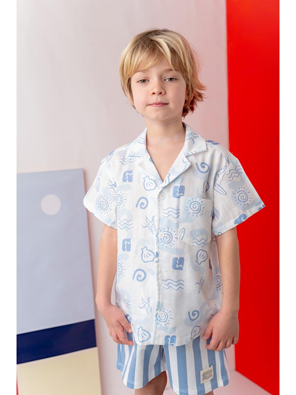 Erkek Çocuk Desenli Keten Gömlek - Mavi