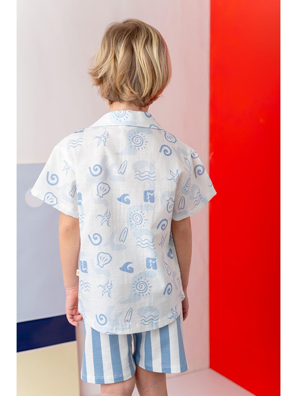 Erkek Çocuk Desenli Keten Gömlek - Mavi-1