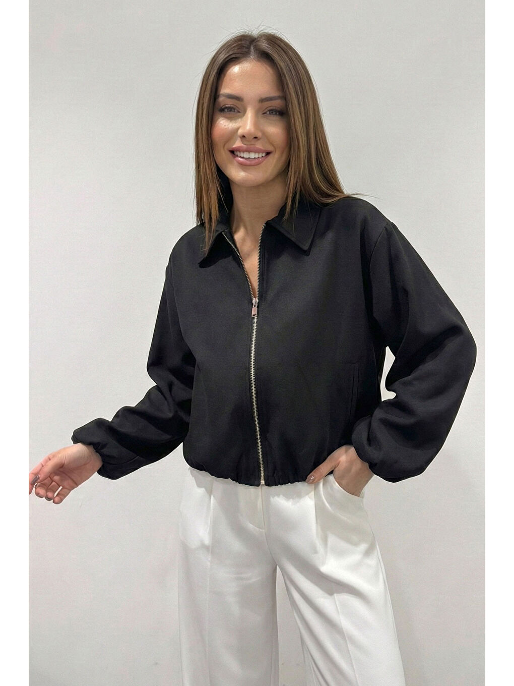 Kadın Oversize Fermuarlı Ceket 0735 - Siyah