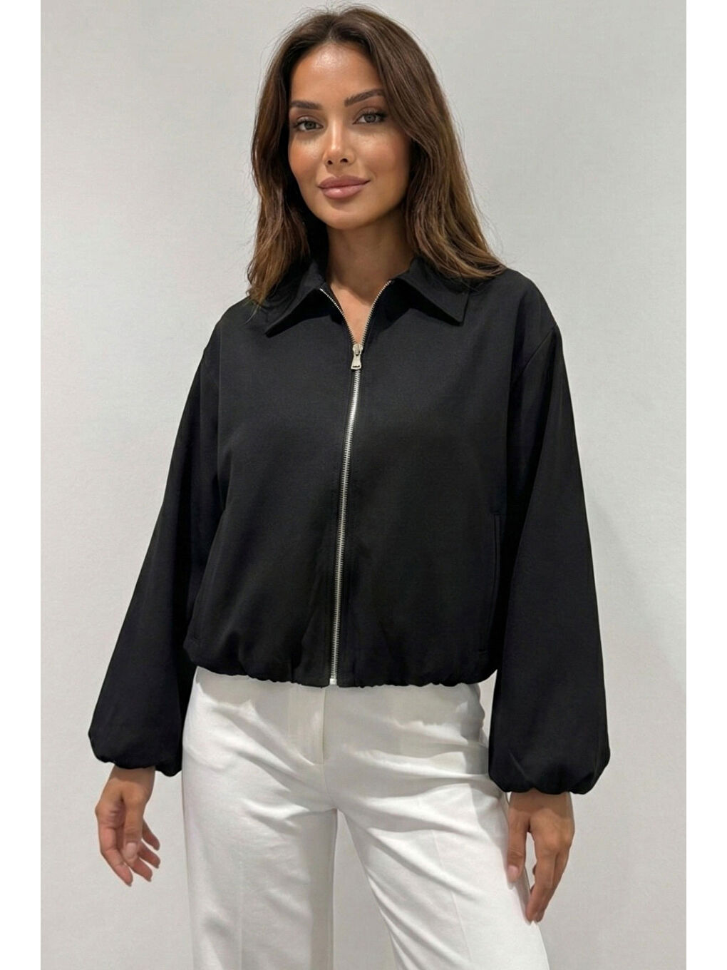 Kadın Oversize Fermuarlı Ceket 0735 - Siyah-2