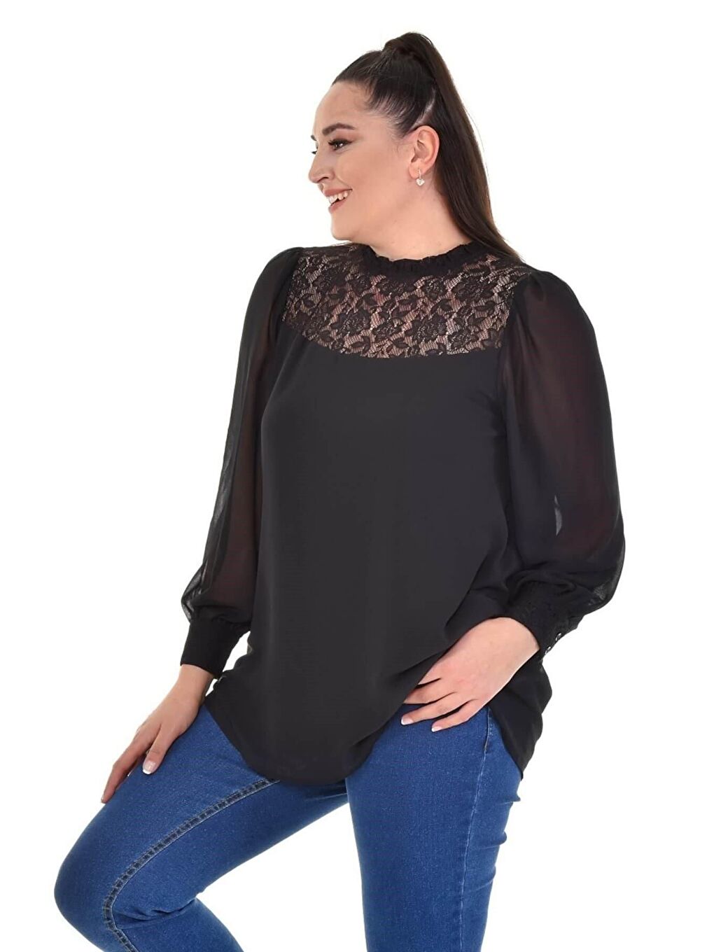 Mylinemoda Siyah Astarlı Şifon Dantel Detay Bluz - 2