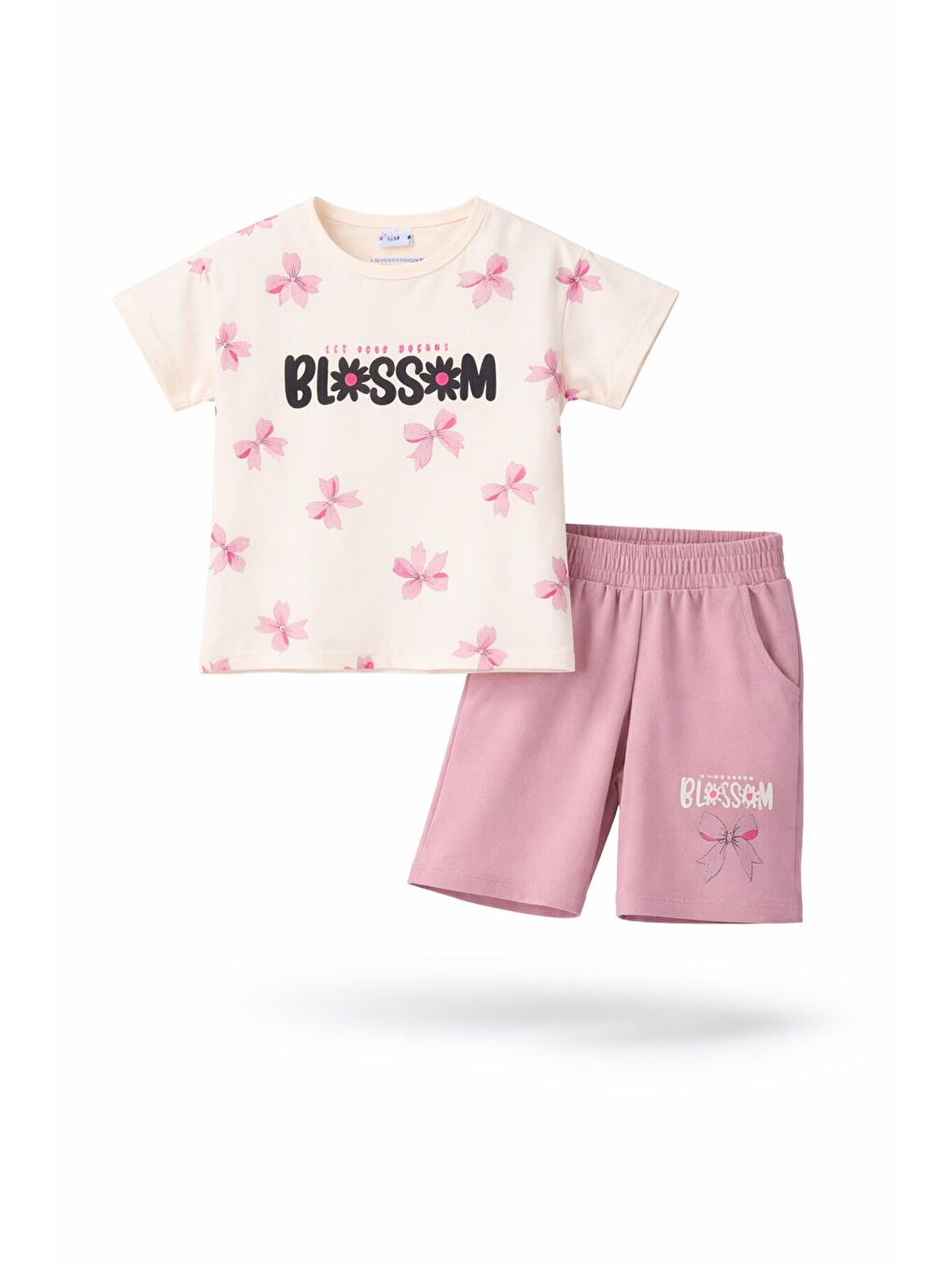 Pembe Gül Kurusu Fiyonk Desenli Bisiklet Yaka Tişörtlü Kız Çocuk Şortlu Takım 23884-4
