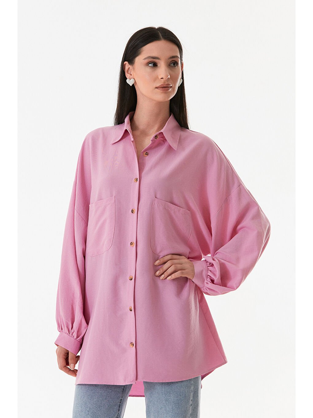 Pembe Fullamodest Oversize Balon Kol Gömlek-2