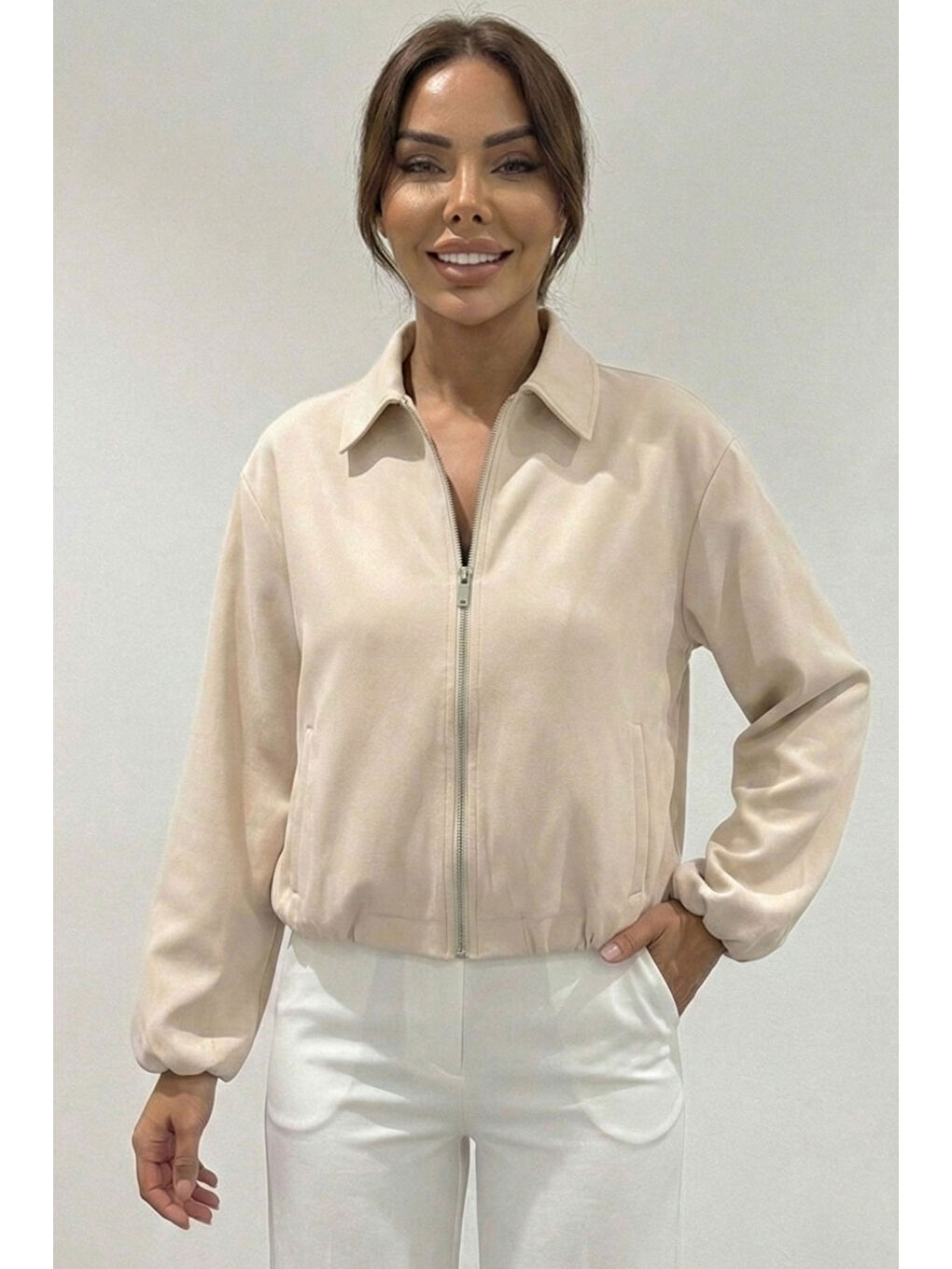 Ekru Kadın Oversize Fermuarlı Ceket 0735 - Krem