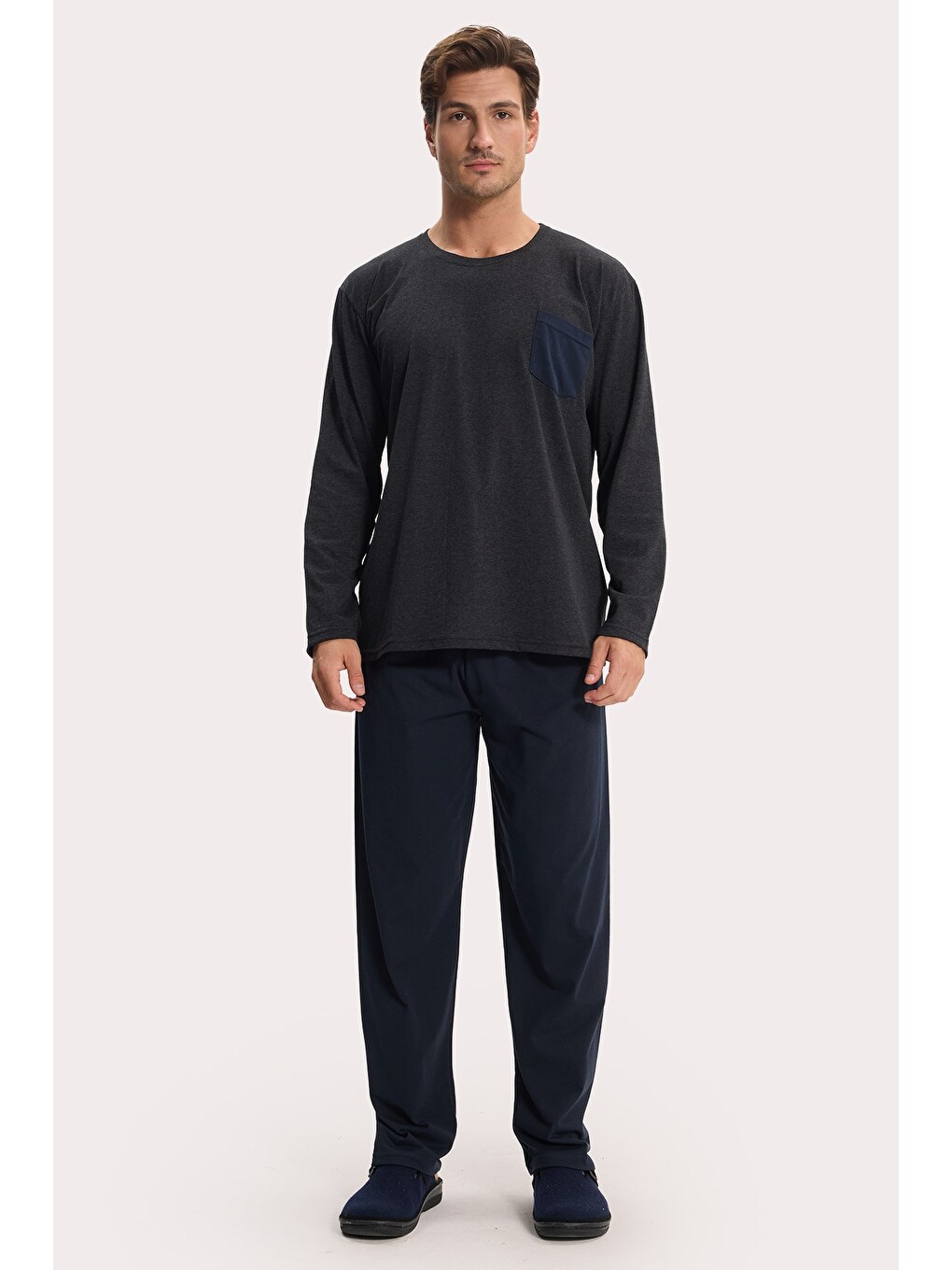 Erkek Standart Fit Rahat Kesim Uzun Kollu Pamuklu Gri Lacivert Pijama Takımı-2
