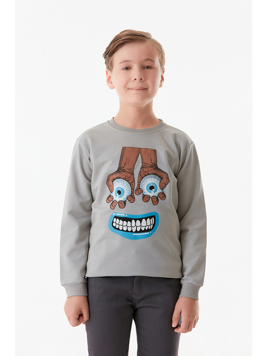 Fullamoda Gri Baskılı Bisiklet Yaka Erkek Çocuk Sweatshirt