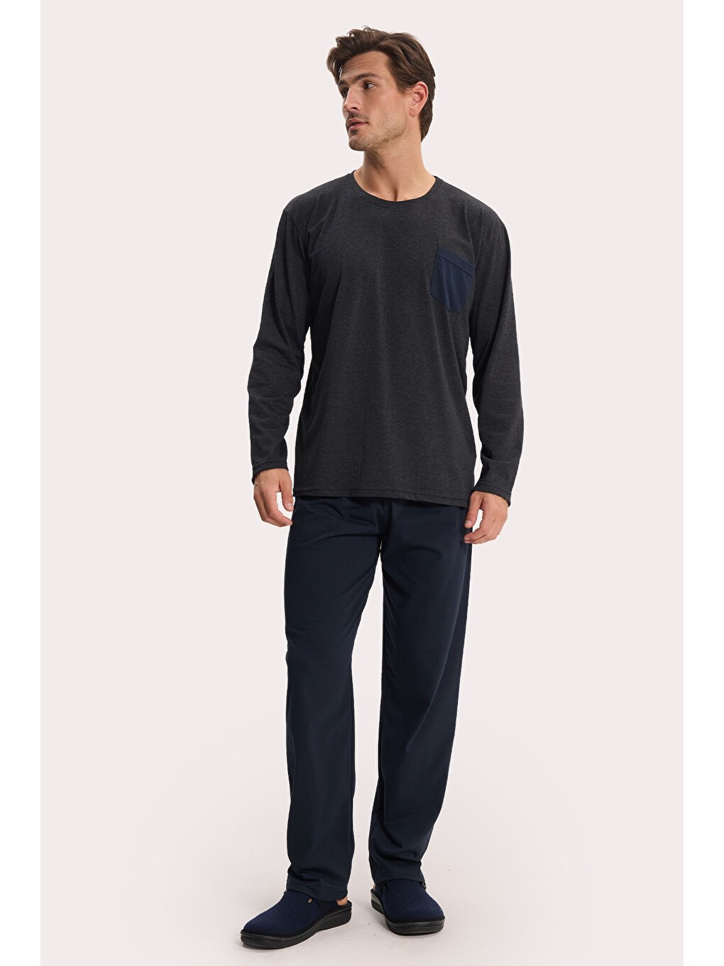 Erkek Standart Fit Rahat Kesim Uzun Kollu Pamuklu Gri Lacivert Pijama Takımı-6