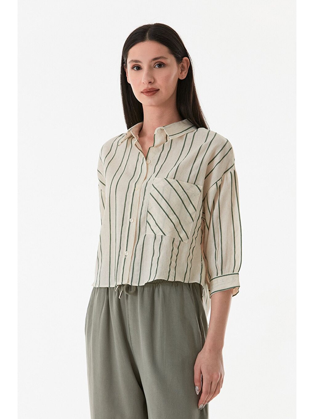 Yeşil Çizgili Arkası Uzun Keten Gömlek