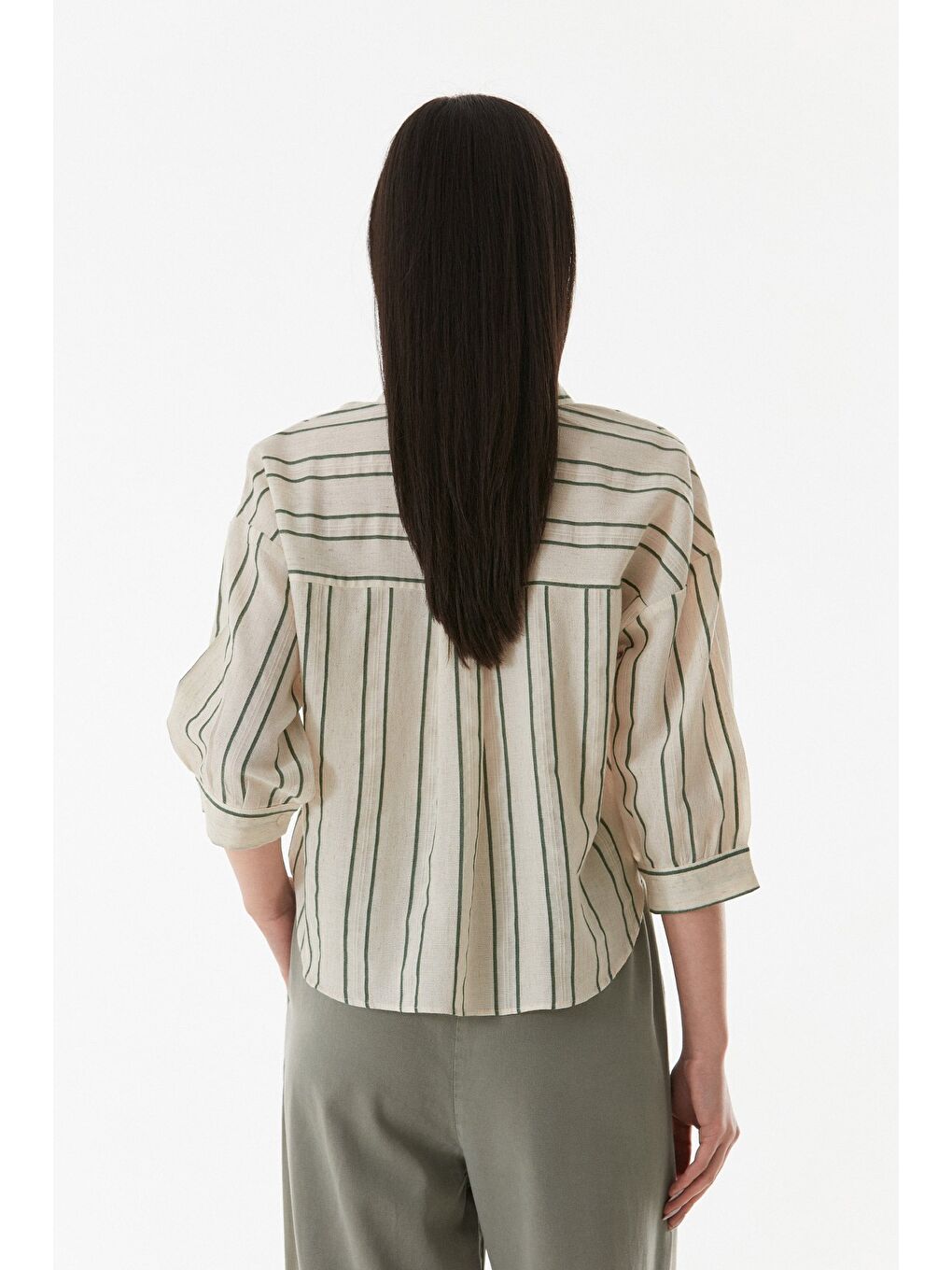 Yeşil Çizgili Arkası Uzun Keten Gömlek-3