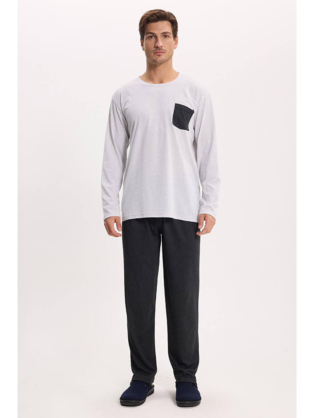 Erkek Standart Fit Rahat Kesim Uzun Kollu Pamuklu Gri Siyah Pijama Takımı