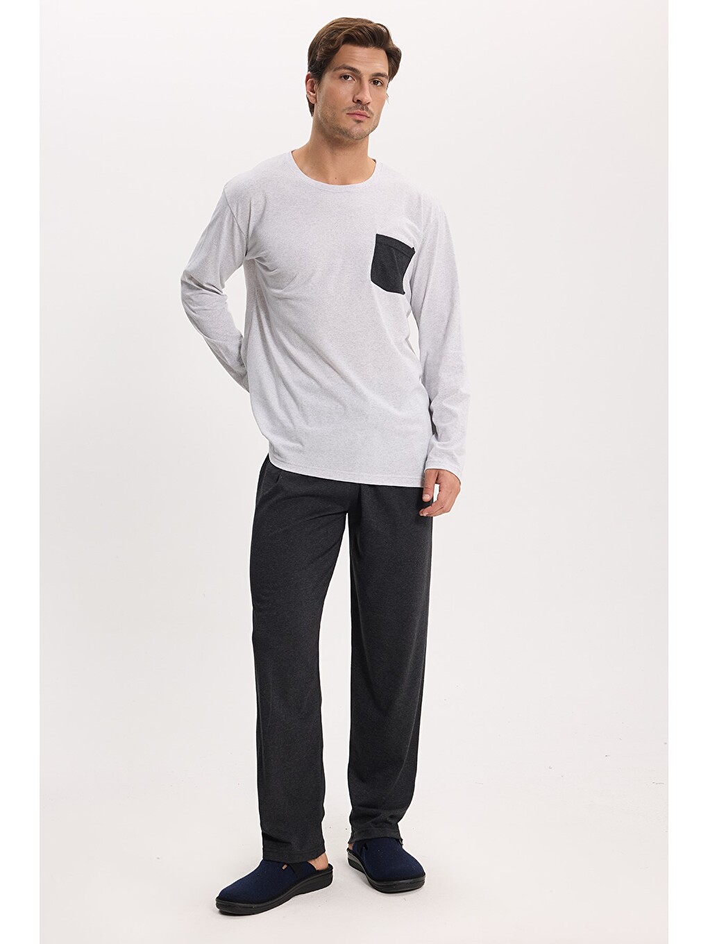 Erkek Standart Fit Rahat Kesim Uzun Kollu Pamuklu Gri Siyah Pijama Takımı-2