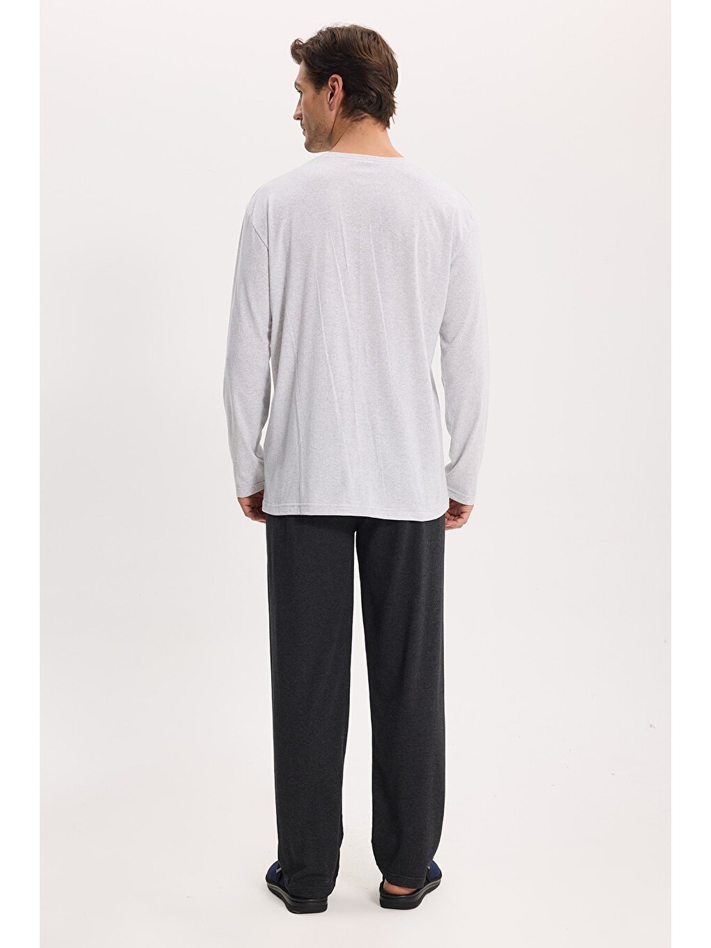 Erkek Standart Fit Rahat Kesim Uzun Kollu Pamuklu Gri Siyah Pijama Takımı-5