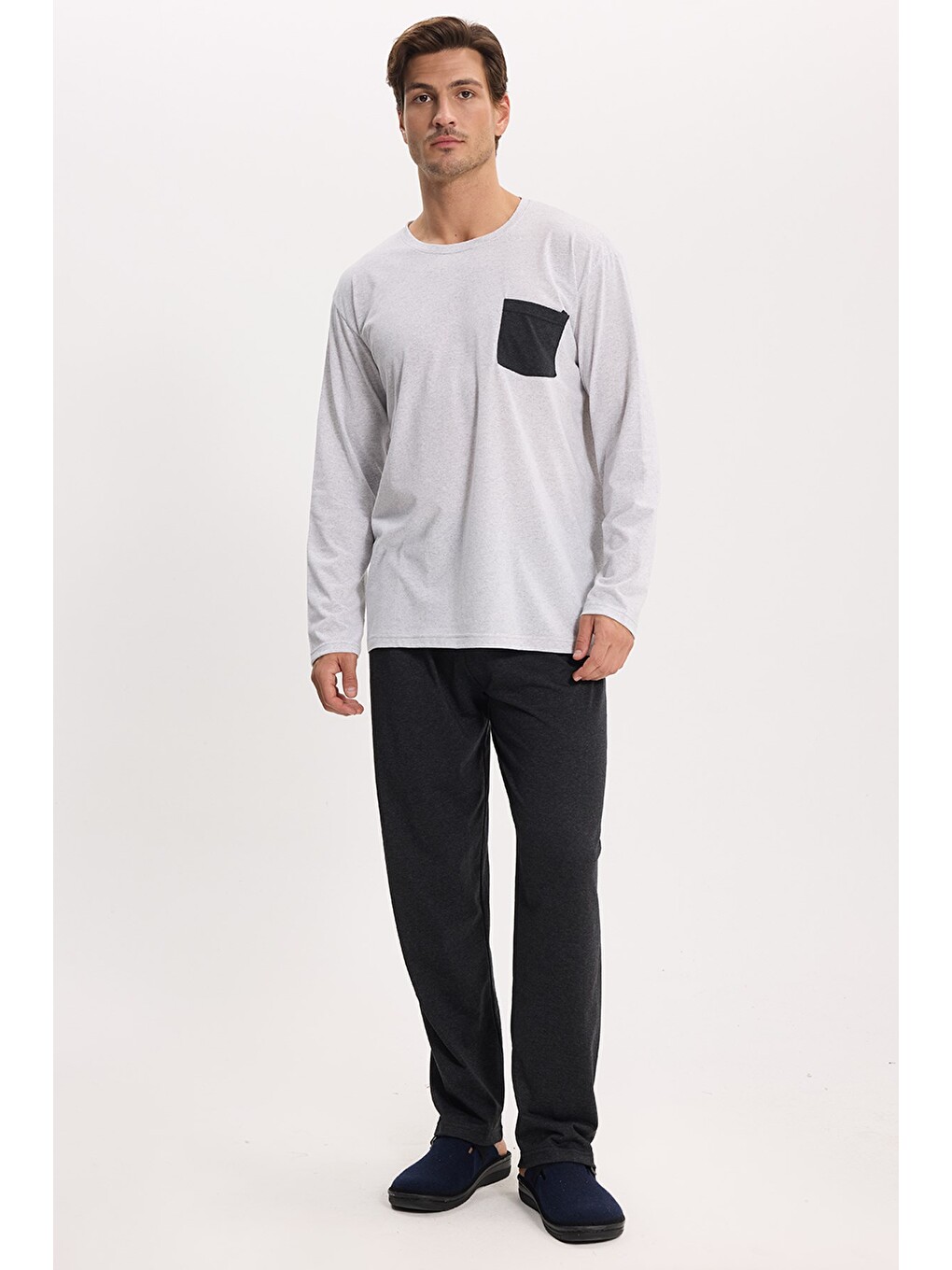 Erkek Standart Fit Rahat Kesim Uzun Kollu Pamuklu Gri Siyah Pijama Takımı-6