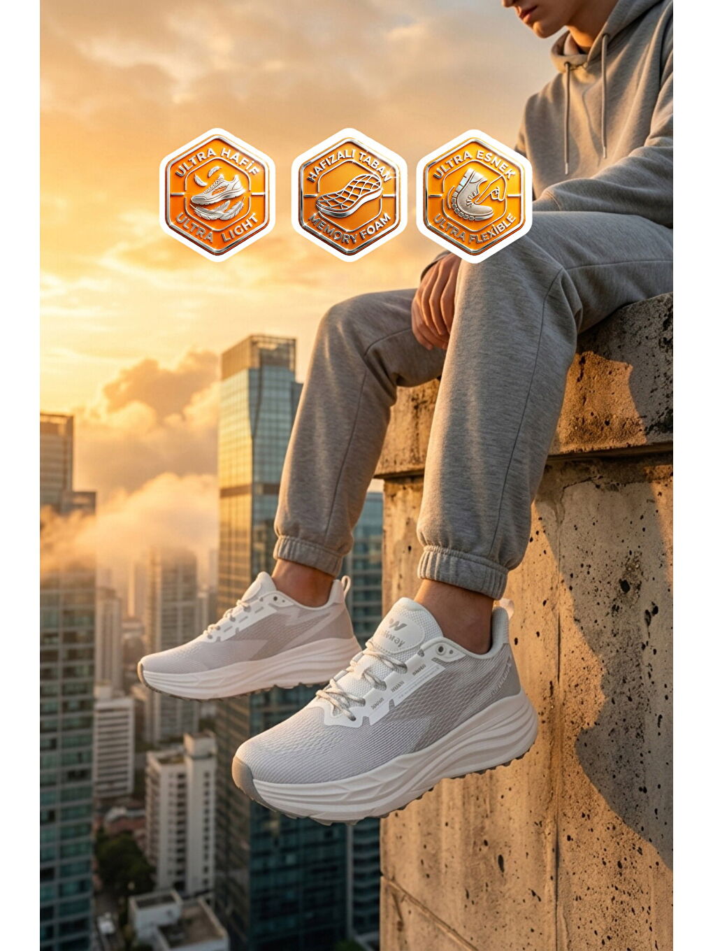 Beyaz Gümüş Fileli Hafif Esnek Hafızalı Taban Erkek Spor Ayakkabı Flexion M-1