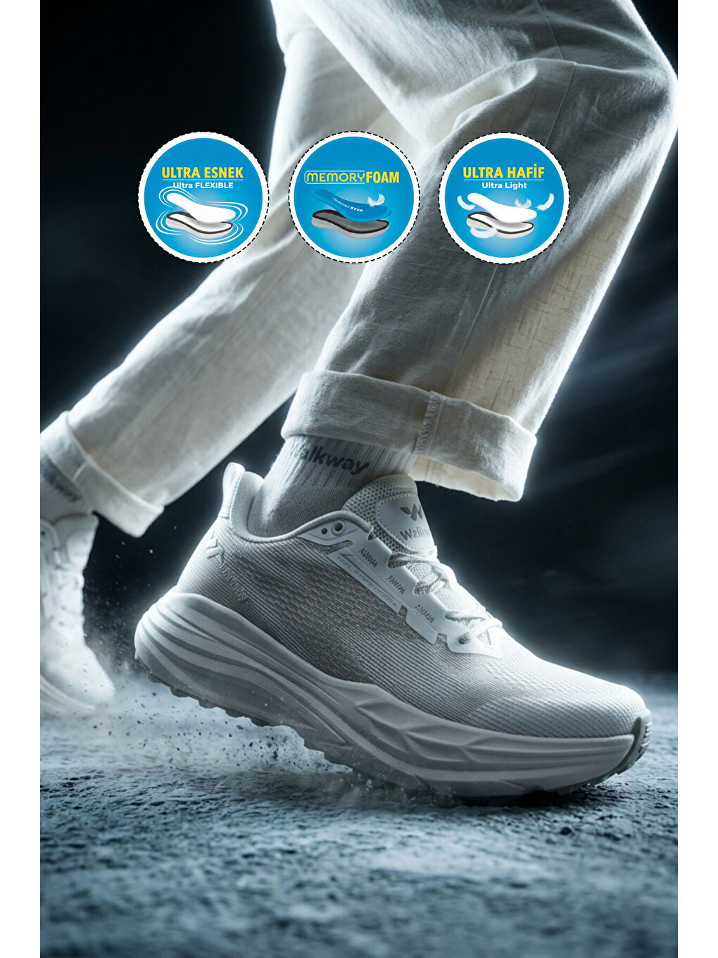 Beyaz Gümüş Fileli Hafif Esnek Hafızalı Taban Erkek Spor Ayakkabı Flexion M-2