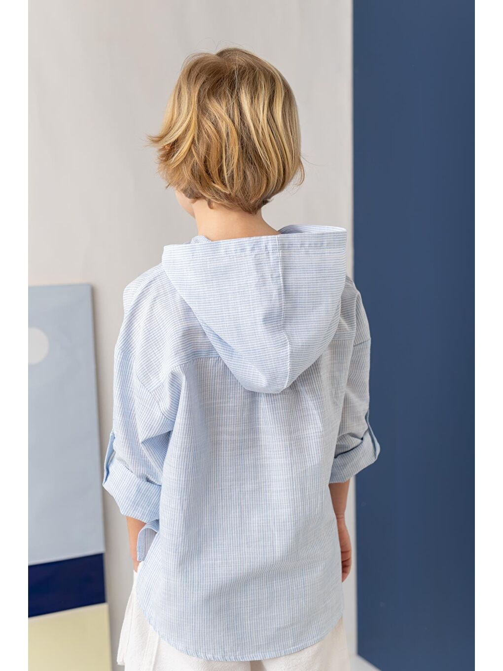 Erkek Çocuk Çizgili Keten Gömlek - Mavi Çizgili-1