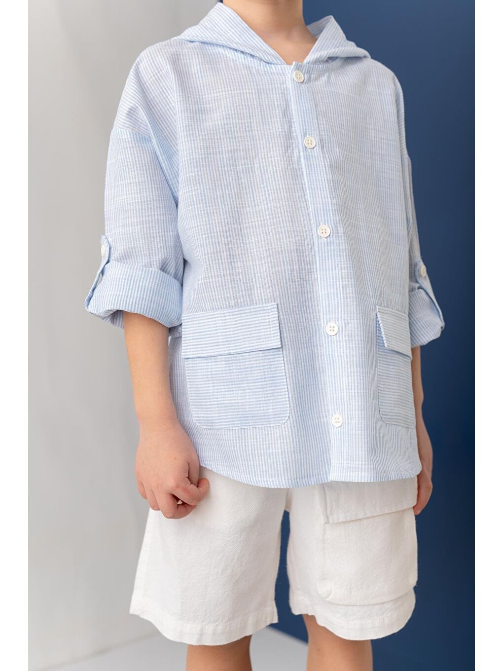 Erkek Çocuk Çizgili Keten Gömlek - Mavi Çizgili-2