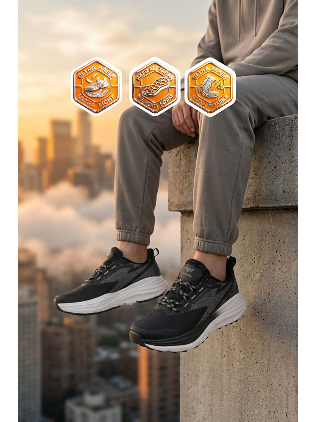 Siyah Beyaz Fileli Hafif Esnek Hafızalı Taban Erkek Spor Ayakkabı Flexion M-1