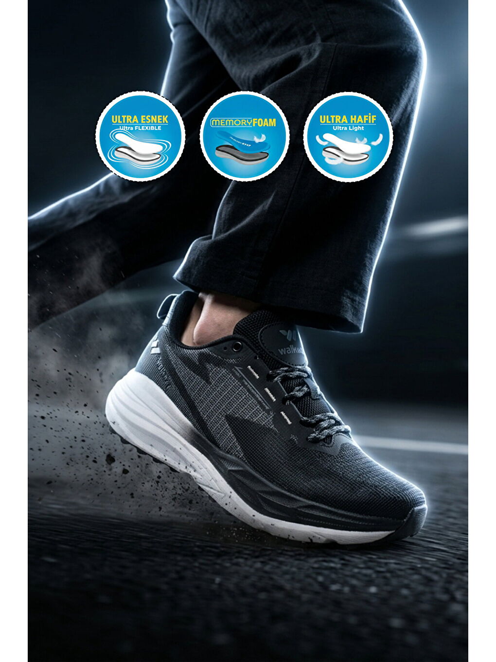 Siyah Beyaz Fileli Hafif Esnek Hafızalı Taban Erkek Spor Ayakkabı Flexion M-2