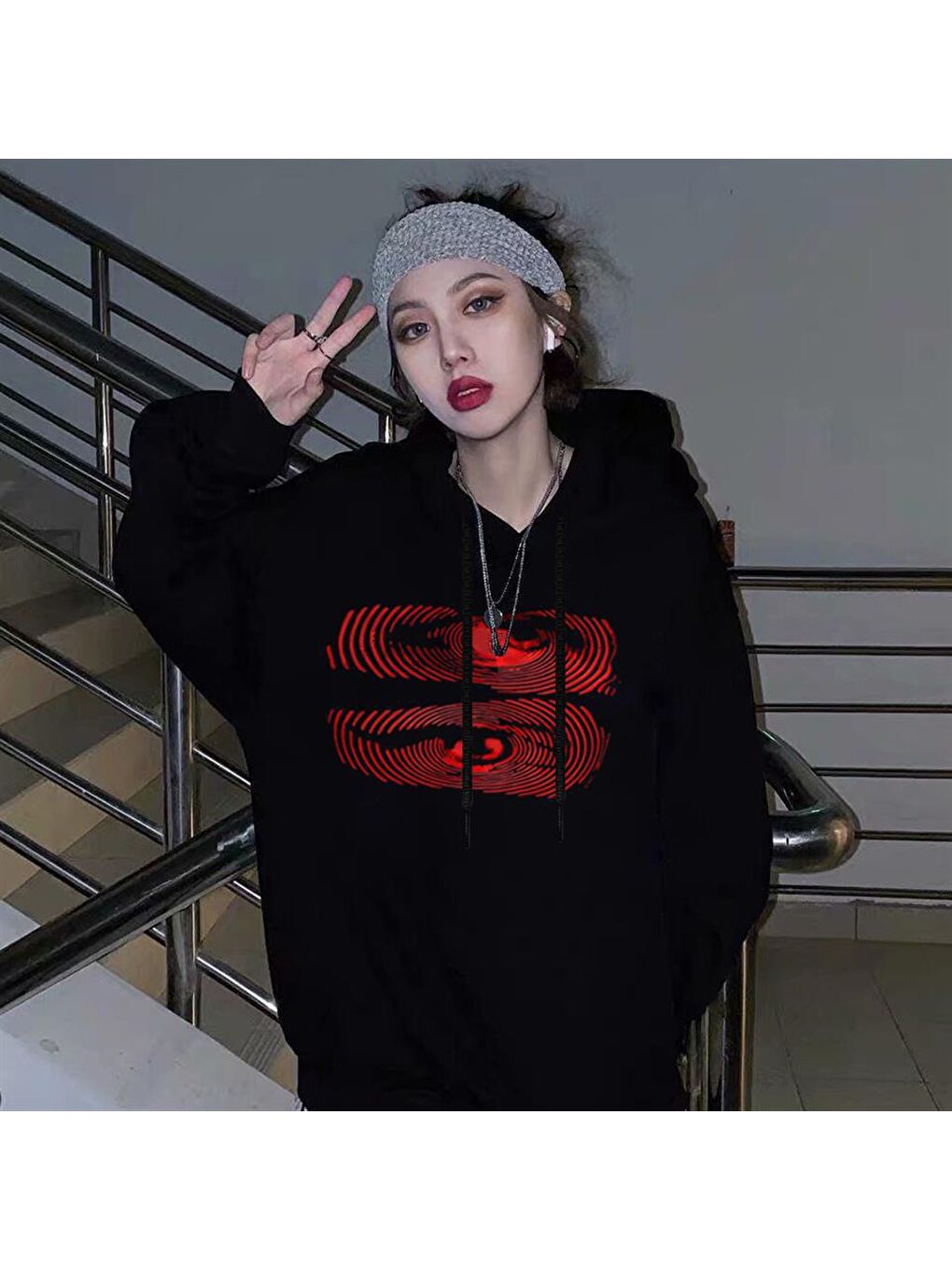 Touz Moda Siyah Hypnosis Eyes Baskılı Siyah Unisex Oversize Kapüşonlu Sweatshirt