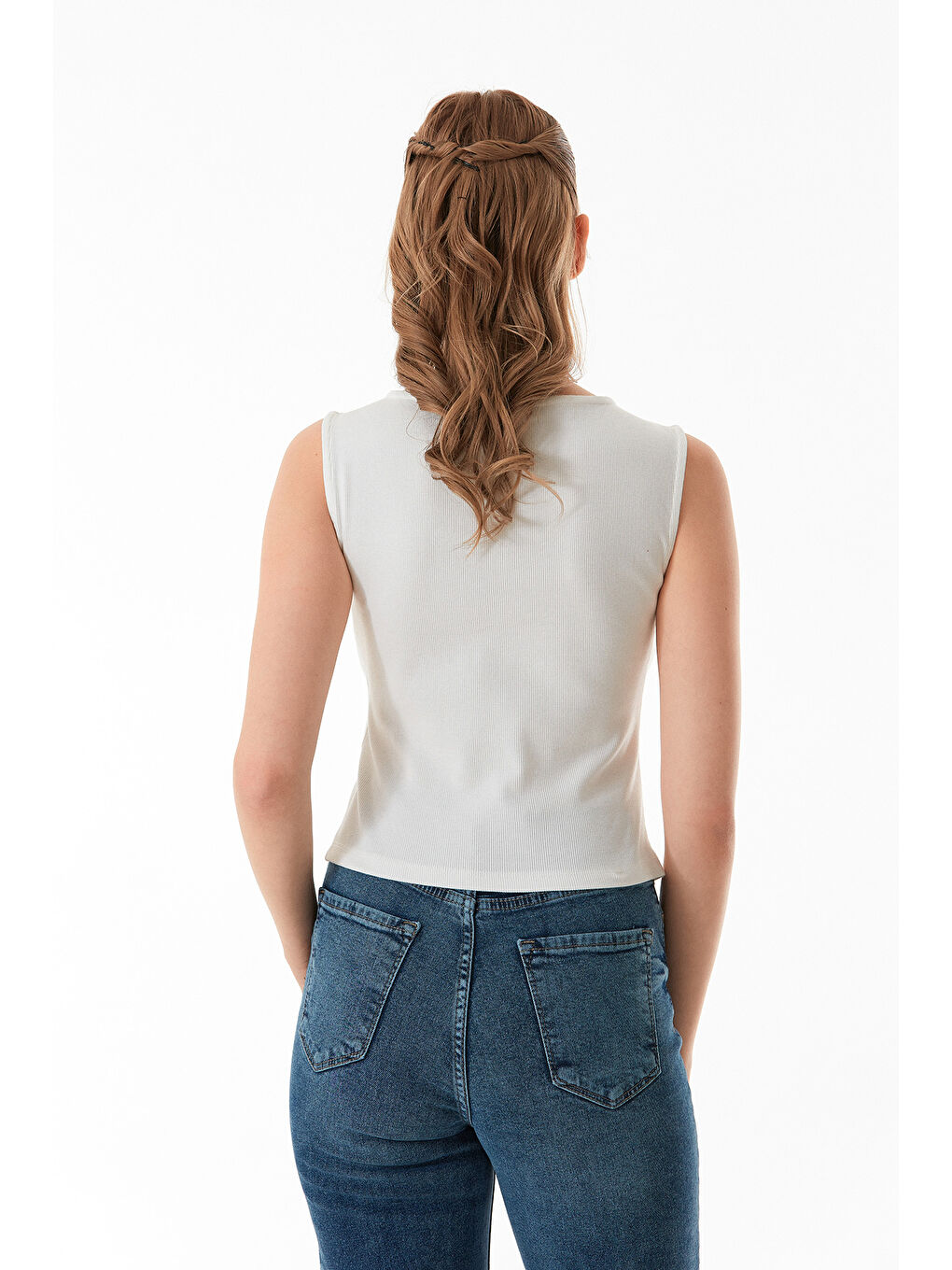 Ekru Düğmeli Geniş Yaka Bluz-2