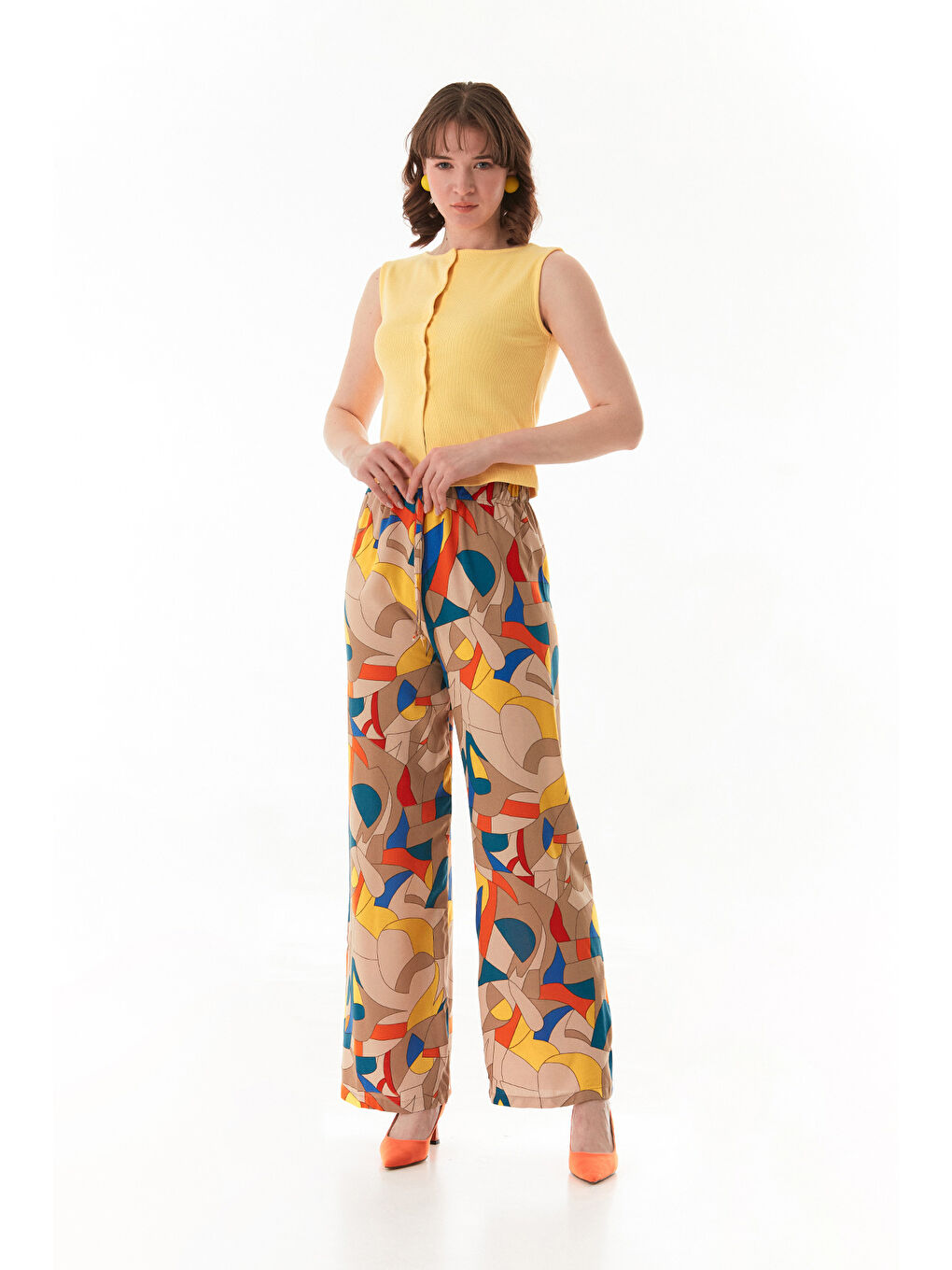 Kahverengi Desenli Beli Lastikli Palazzo Pantolon-1