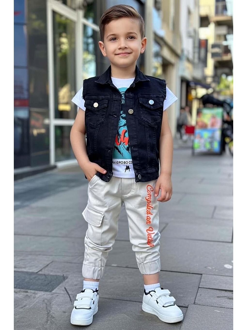 Erkek Çocuk Digital Kaplan Baskılı T-shirt Sırt Baskılı Sıfır Siyah Jean Ceket Alt Üst Takım