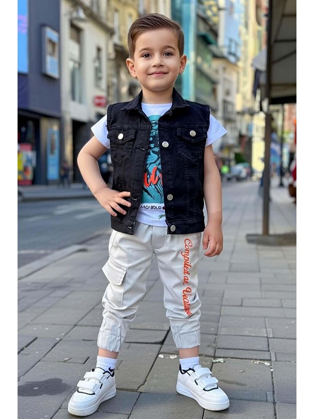 Erkek Çocuk Digital Kaplan Baskılı T-shirt Sırt Baskılı Sıfır Siyah Jean Ceket Alt Üst Takım-1