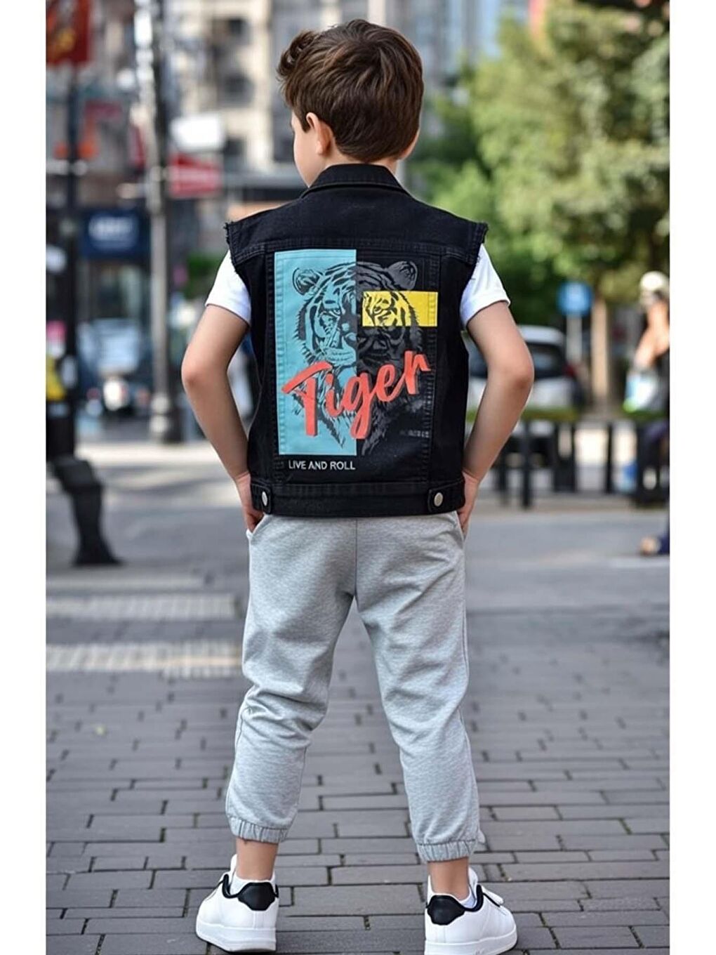 Erkek Çocuk Digital Kaplan Baskılı T-shirt Sırt Baskılı Sıfır Siyah Jean Ceket Alt Üst Takım-2