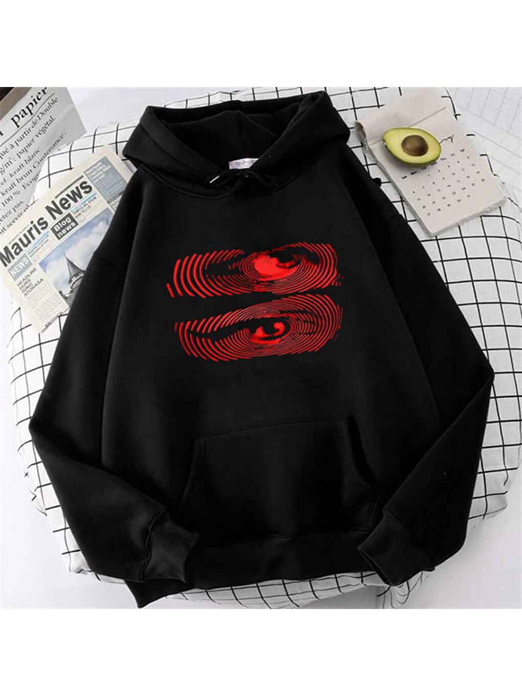 Touz Moda Siyah Hypnosis Eyes Baskılı Siyah Unisex Oversize Kapüşonlu Sweatshirt - 1