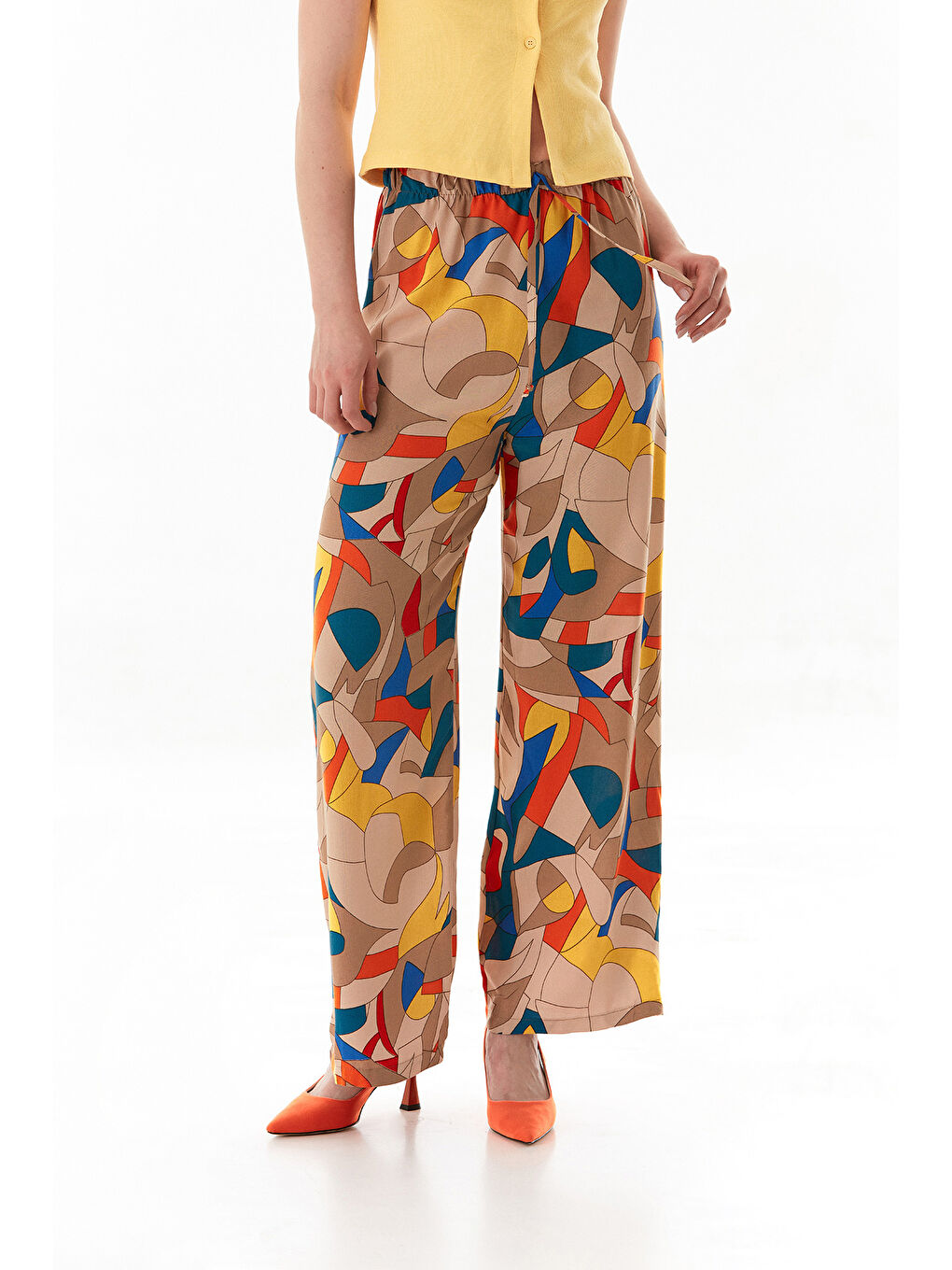 Kahverengi Desenli Beli Lastikli Palazzo Pantolon-2