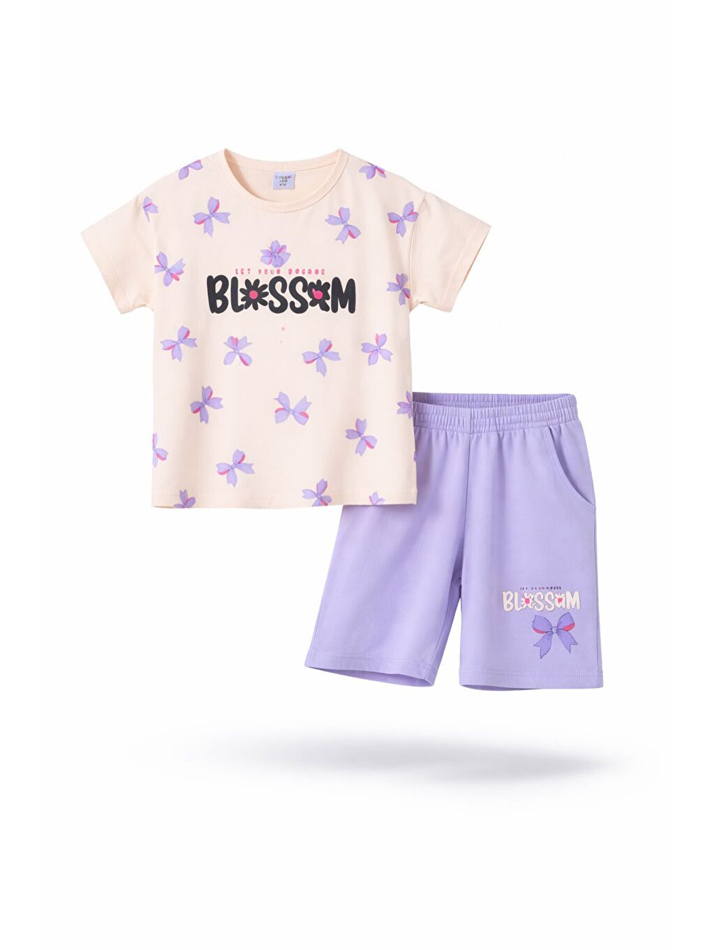 Lila Fiyonk Desenli Bisiklet Yaka Tişörtlü Kız Çocuk Şortlu Takım 23883-4