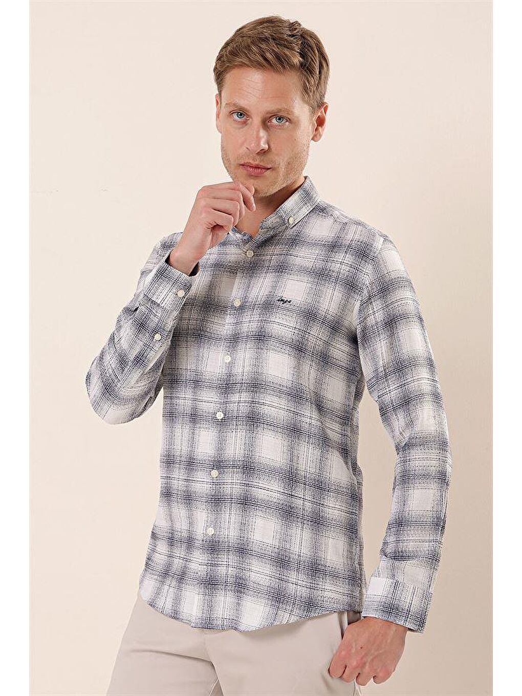 Koyu Lacivert Uzun Kollu Kareli Cepsiz %100 Pamuk Klasik Slim Fit Dar Kesim Gömlek 1004230176-2