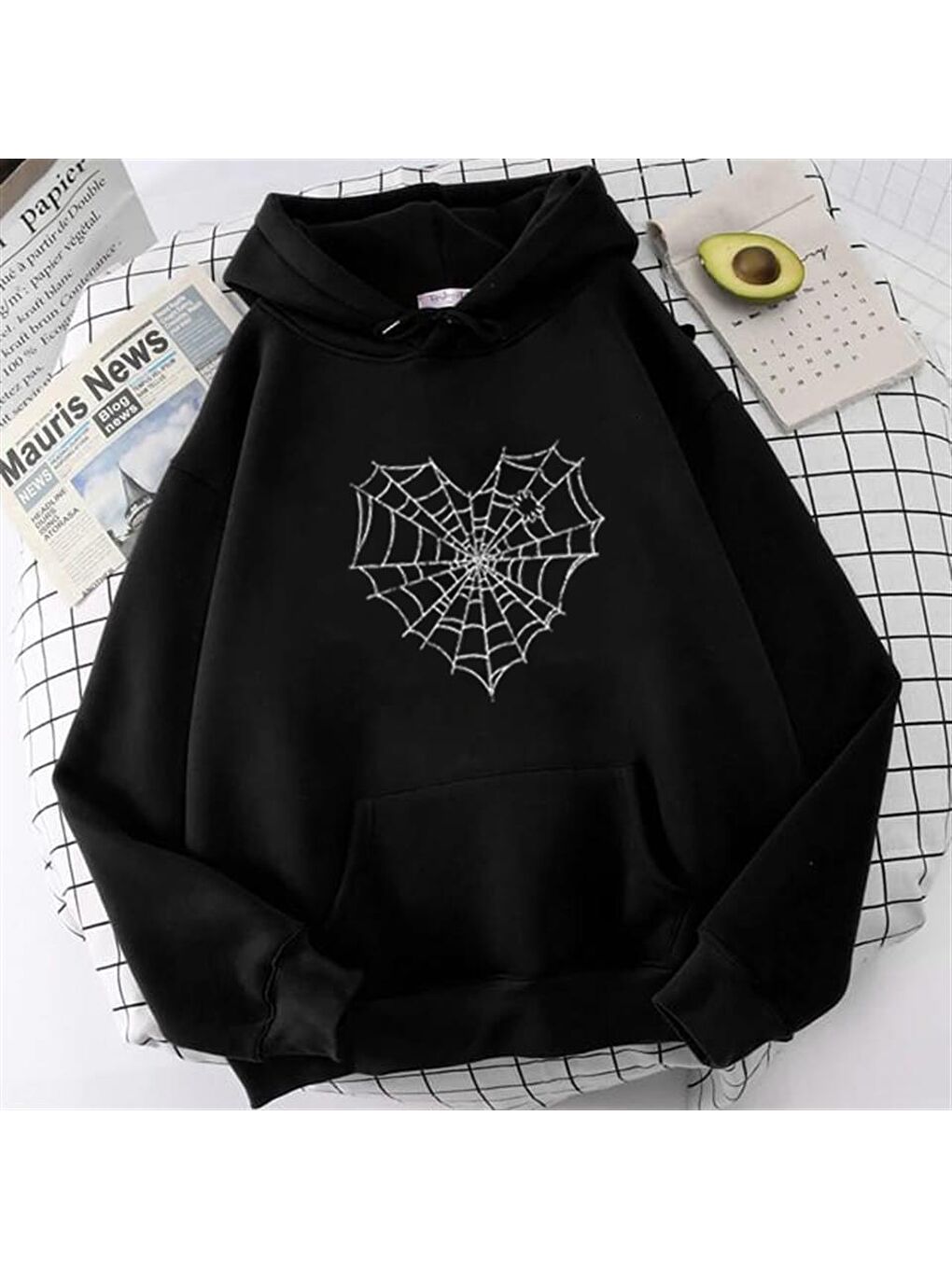 Touz Moda Siyah Heart Web Baskılı Siyah Unisex Oversize Kapüşonlu Sweatshirt