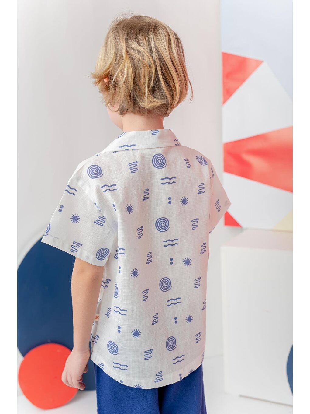 Erkek Çocuk Desenli Keten Gömlek - İndigo-1