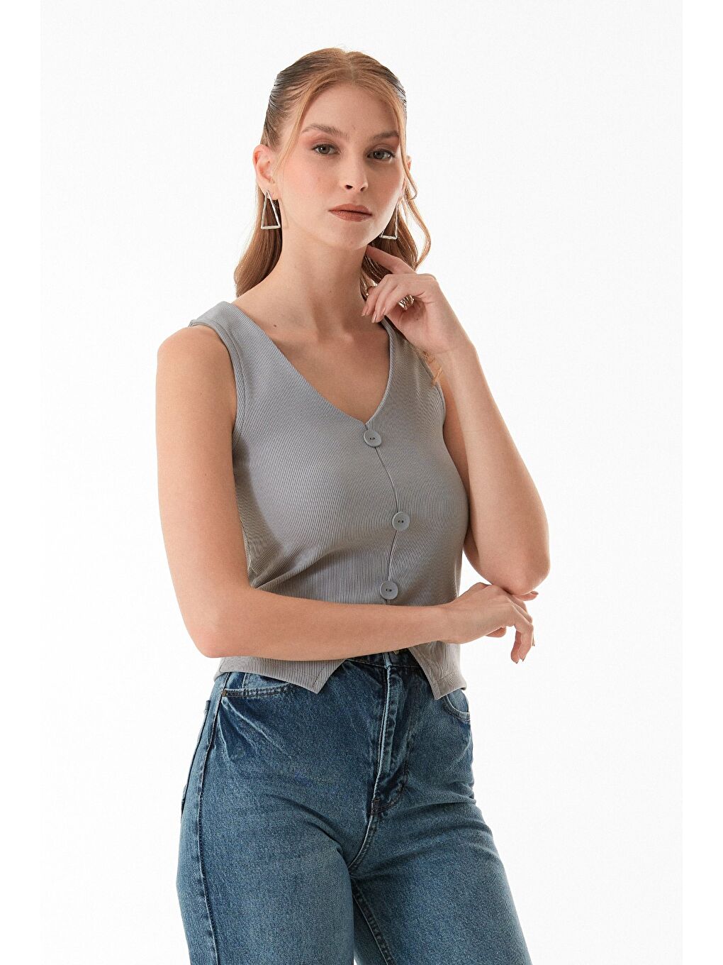 Gri Basic Fitilli Düğmeli Yelek-3