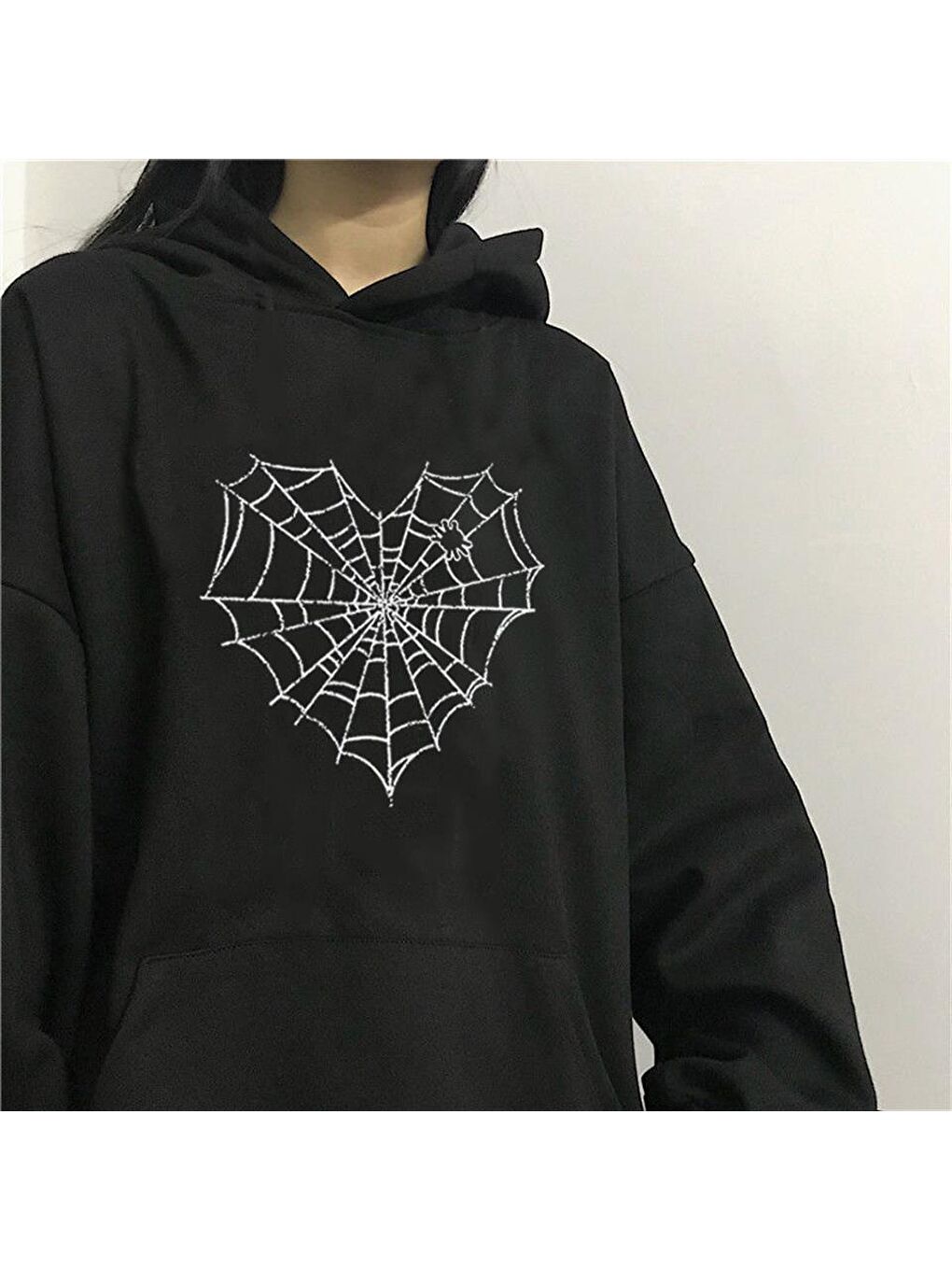 Touz Moda Siyah Heart Web Baskılı Siyah Unisex Oversize Kapüşonlu Sweatshirt - 1