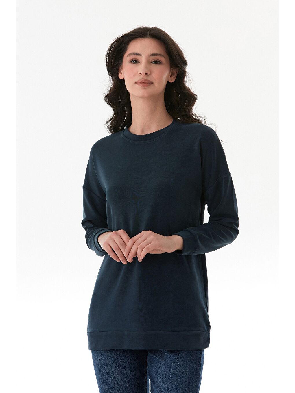 Lacivert Basic Bisiklet Yaka Modal Tunik-1