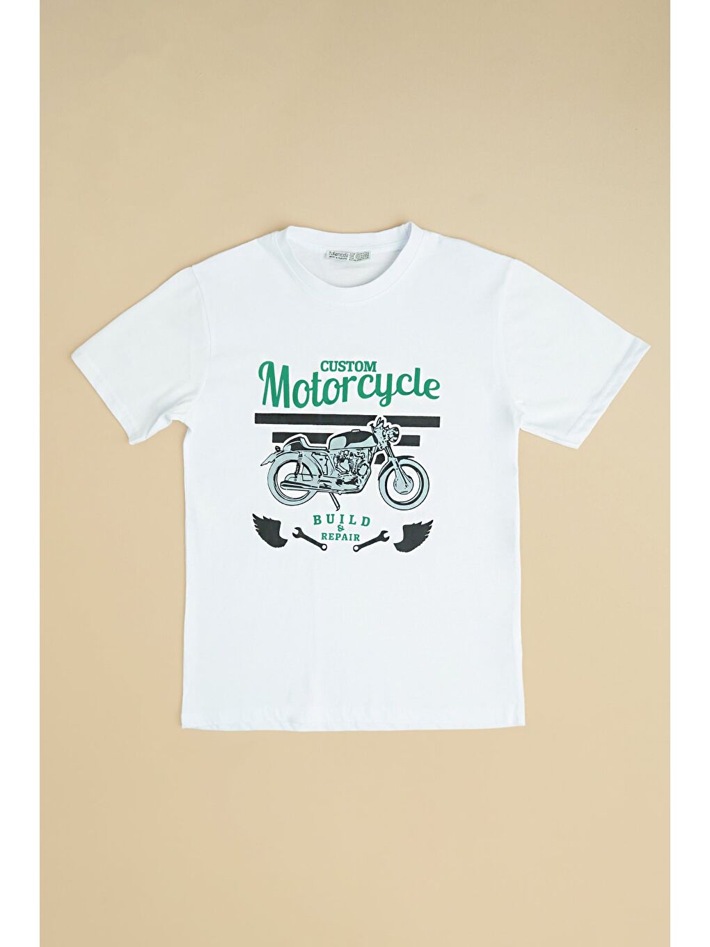 Beyaz Motorcycle Baskılı Bisiklet Yaka Erkek Çocuk Tişört