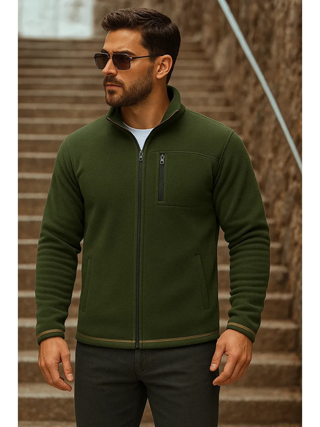 Erkek Fermuarlı Trend Kışlık Cepli Haki Polar Hırka