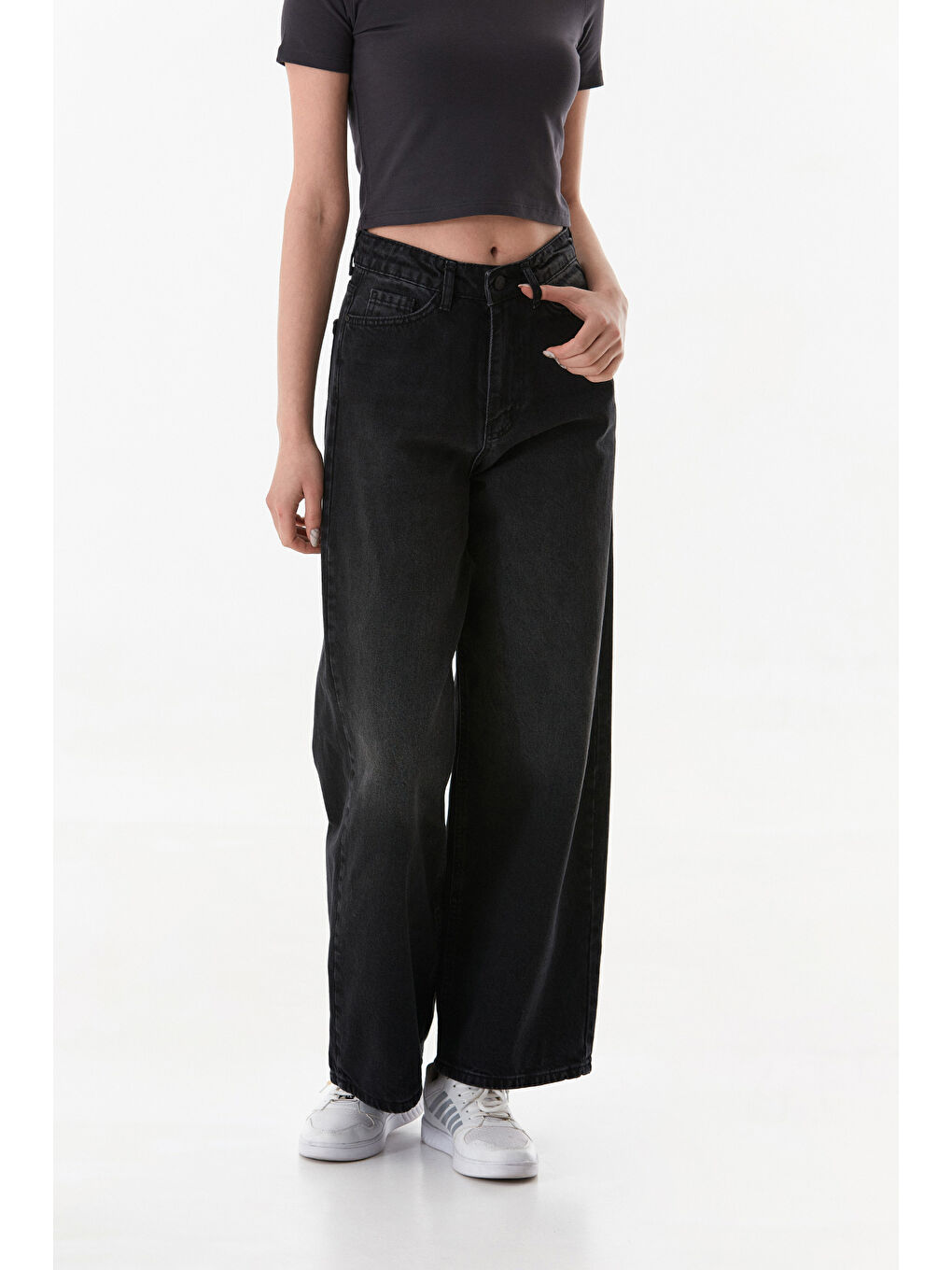 Antrasit Yüksek Bel Baggy Jean-4