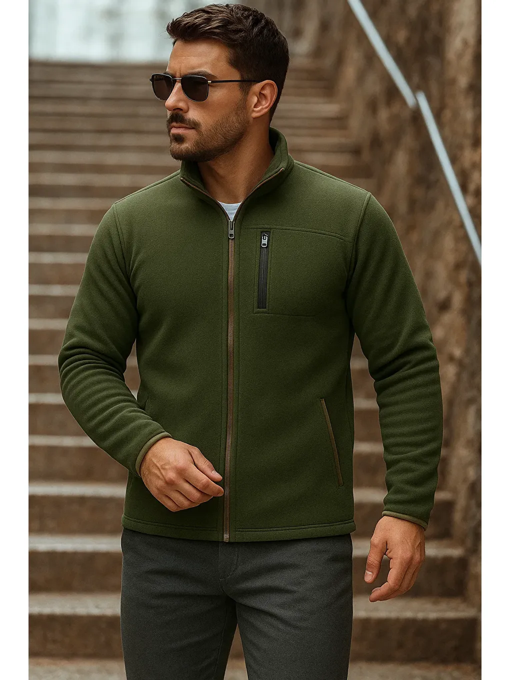 Erkek Fermuarlı Trend Kışlık Cepli Haki Polar Hırka-1