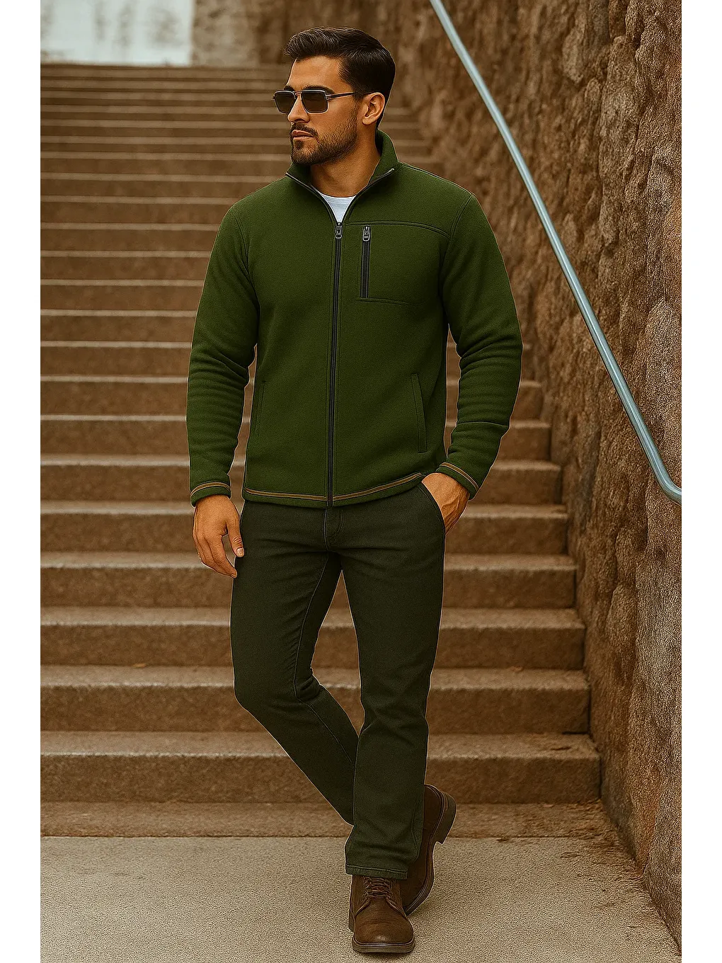 Erkek Fermuarlı Trend Kışlık Cepli Haki Polar Hırka-2