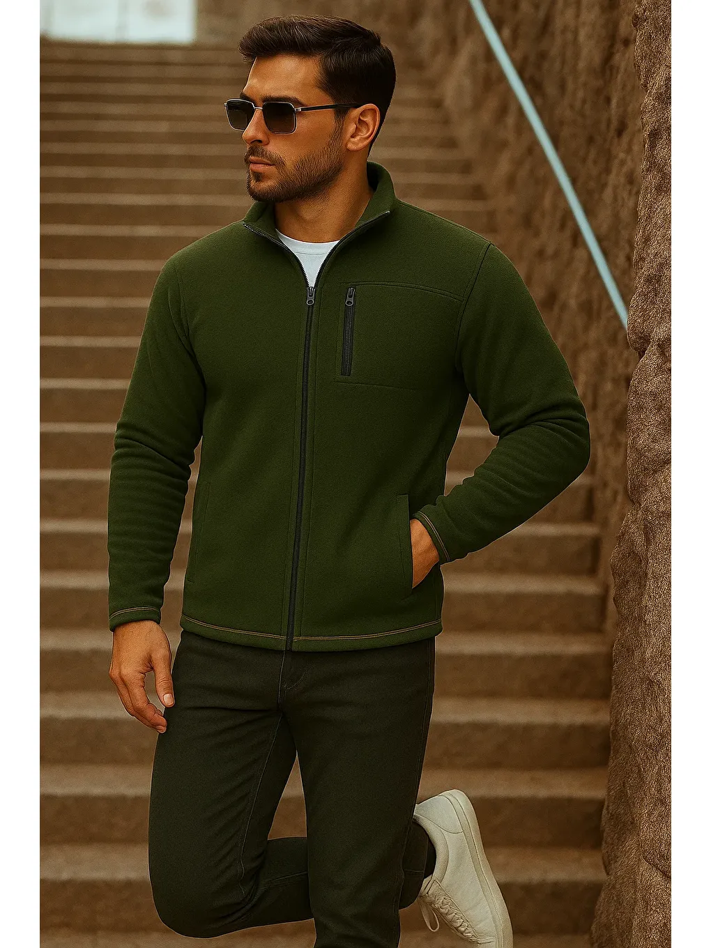 Erkek Fermuarlı Trend Kışlık Cepli Haki Polar Hırka-3