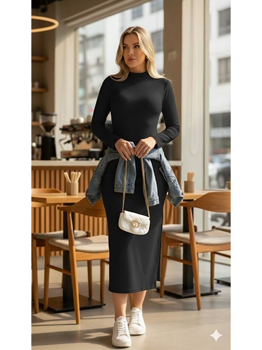 Siyah Kadın Uzun Kollu Balıkçı Yakalı Yanlardan Yırtmaçlı Kaşkorse Maxi Elbise-1