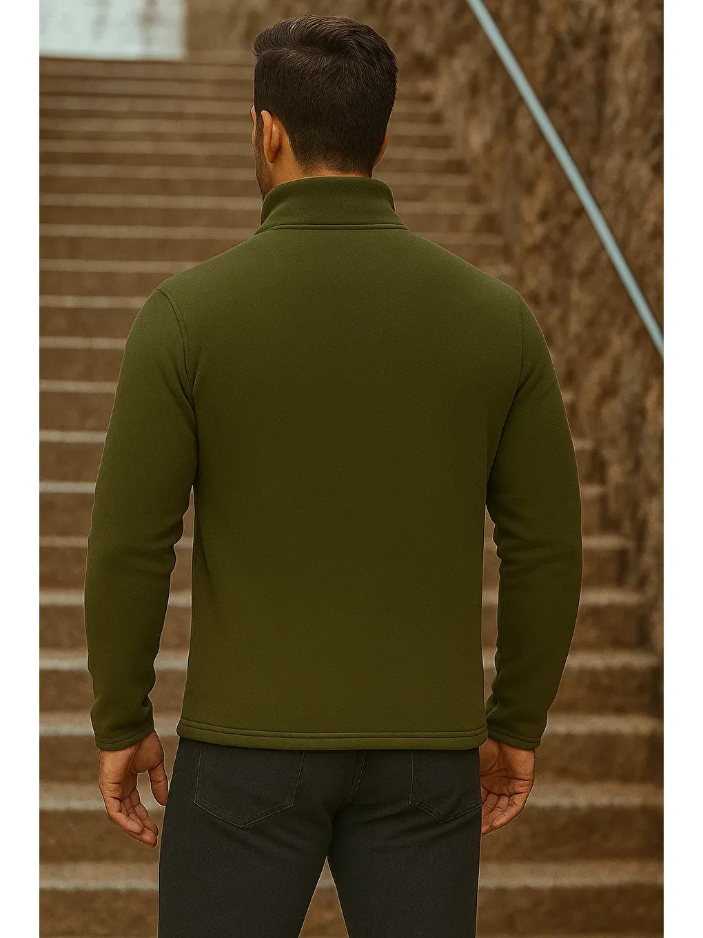 Erkek Fermuarlı Trend Kışlık Cepli Haki Polar Hırka-4