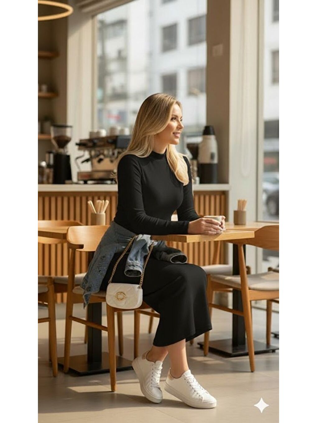 Siyah Kadın Uzun Kollu Balıkçı Yakalı Yanlardan Yırtmaçlı Kaşkorse Maxi Elbise-2