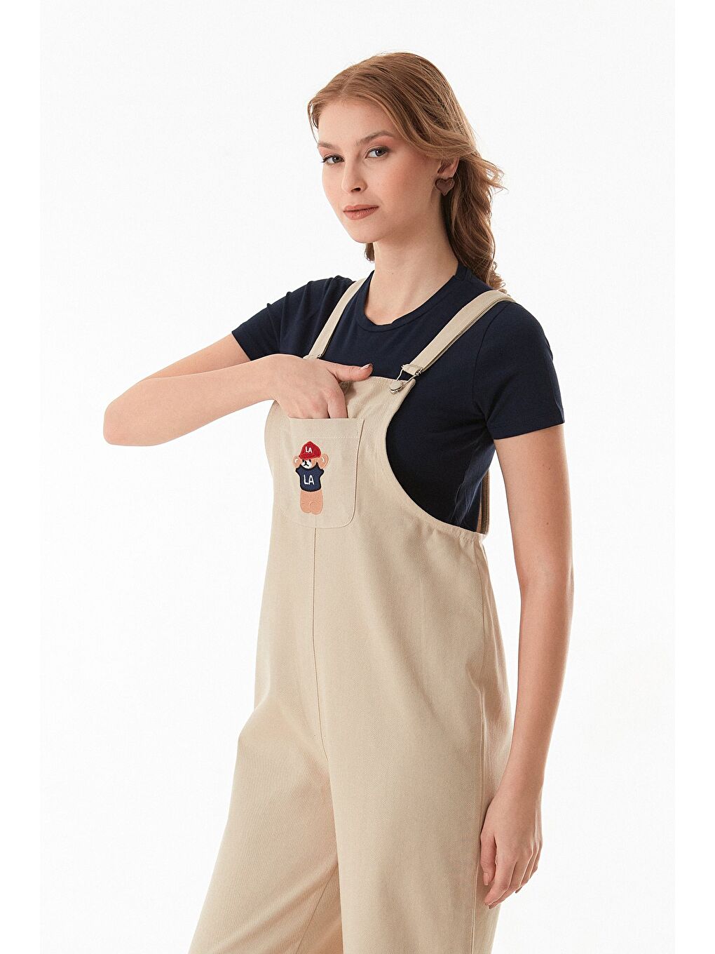 Bej Ayıcık Nakışlı Askılı Önü Cepli Tulum-1