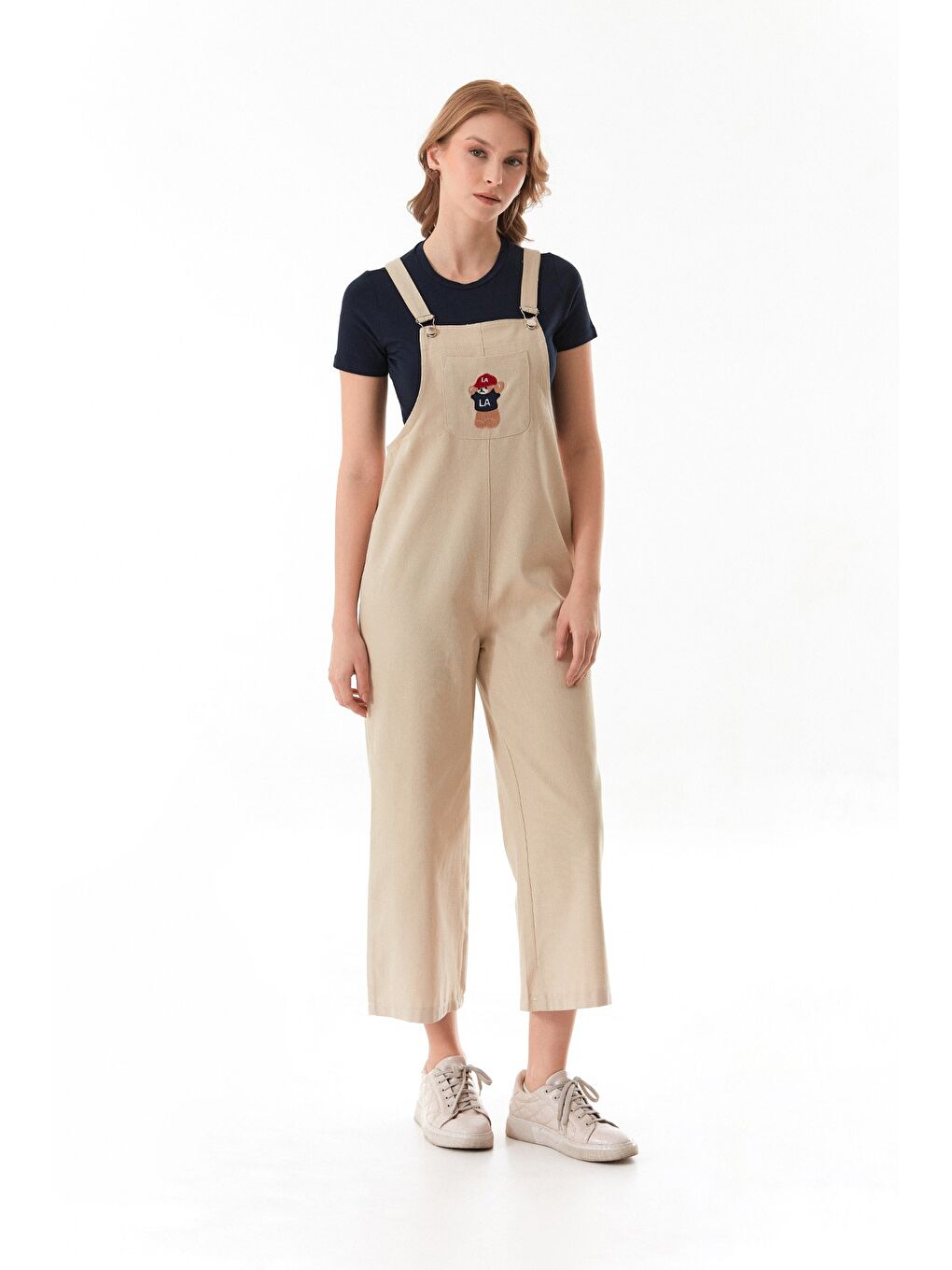 Bej Ayıcık Nakışlı Askılı Önü Cepli Tulum-3